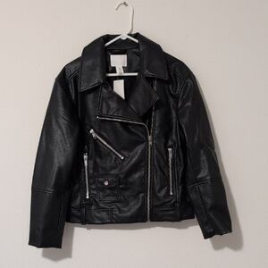 H&M Black Leather Biker Jacket with Notched Lapel